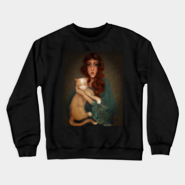 Vintage photo turned into lowbrow manga style digital art of young witchy aesthetic woman holding ginger cat Crewneck Sweatshirt by penandbea